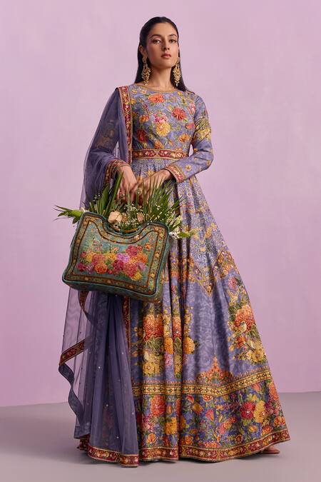 Kalista Purple Tulle, Viscose Tahira Guldasta Print Embellished Anarkali With Dupatta at Aza Fashions Kalista_Purple Tulle, Viscose Tahira Guldasta Print Embellished Anarkali With Dupatta _at_Aza_Fashions