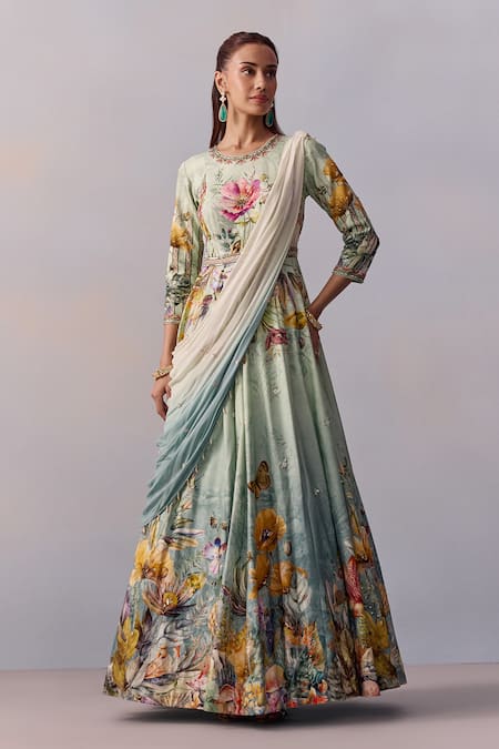 Kalista Blue Viscose Silk Print Gul Sanaah Embellished Anarkali With Draped Dupatta 