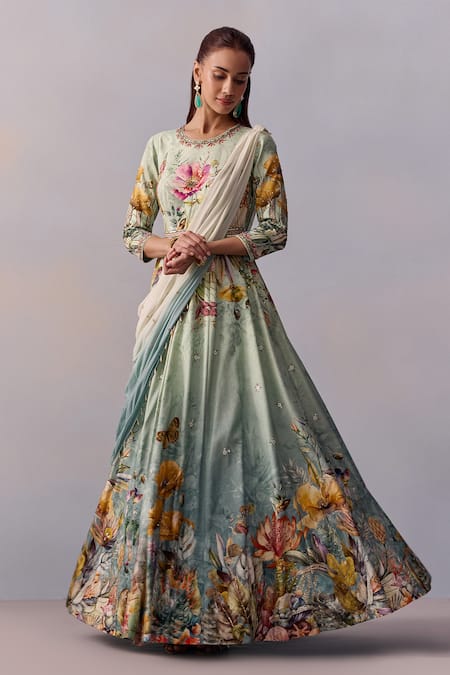 Kalista_Blue Viscose, Sanaah Gul Print Embellished Anarkali With Draped Dupatta _Online_at_Aza_Fashions