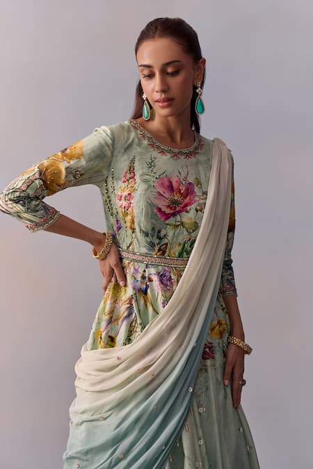 Buy_Kalista_Blue Viscose, Sanaah Gul Print Embellished Anarkali With Draped Dupatta _Online_at_Aza_Fashions