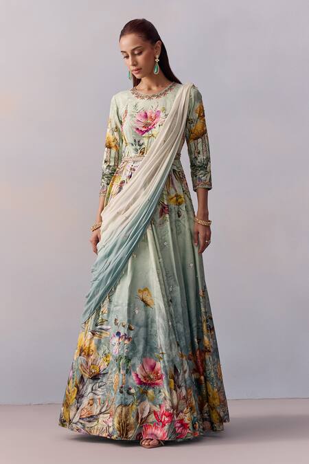 Shop_Kalista_Blue Viscose, Sanaah Gul Print Embellished Anarkali With Draped Dupatta _Online_at_Aza_Fashions