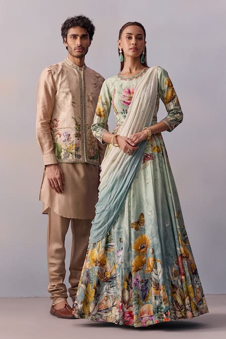 Kalista_Blue Viscose, Sanaah Gul Print Embellished Anarkali With Draped Dupatta _at_Aza_Fashions