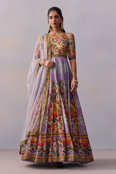 Kalista Purple Viscose Silk Print Gullista Zareen And Embellished Anarkali With Dupatta 