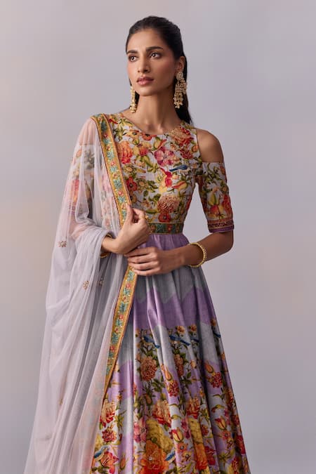 Kalista_Purple Tulle, Viscose Zareen Gullista Print And Embellished Anarkali With Dupatta _Online_at_Aza_Fashions