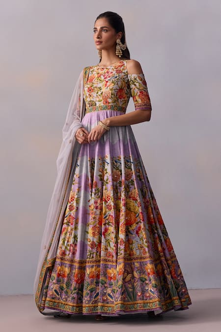 Buy_Kalista_Purple Tulle, Viscose Zareen Gullista Print And Embellished Anarkali With Dupatta _Online_at_Aza_Fashions
