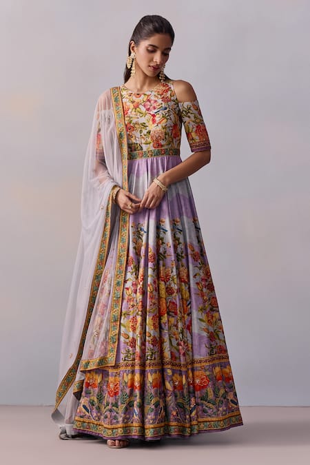 Shop_Kalista_Purple Tulle, Viscose Zareen Gullista Print And Embellished Anarkali With Dupatta _Online_at_Aza_Fashions