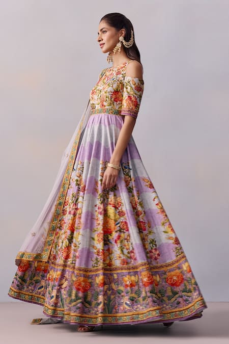 Kalista_Purple Tulle, Viscose Zareen Gullista Print And Embellished Anarkali With Dupatta _at_Aza_Fashions