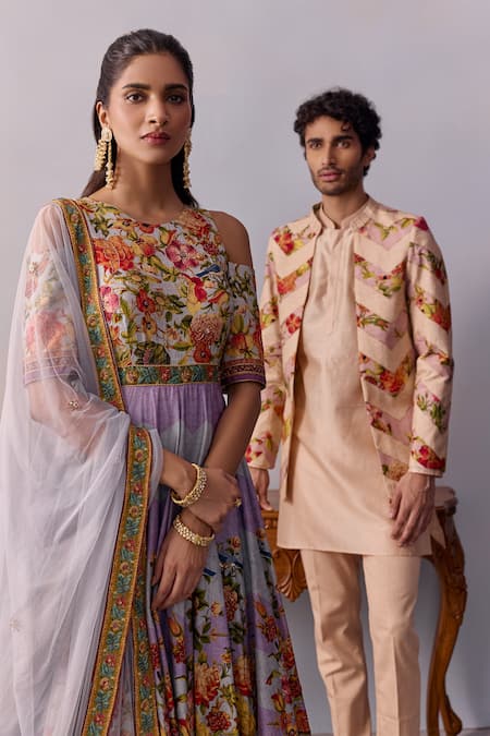 Buy_Kalista_Purple Tulle, Viscose Zareen Gullista Print And Embellished Anarkali With Dupatta 