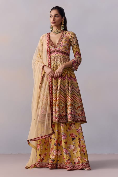 Kalista Multi Color Viscose Silk Print Chevron Kushnaz And Embellished Anarkali Set 