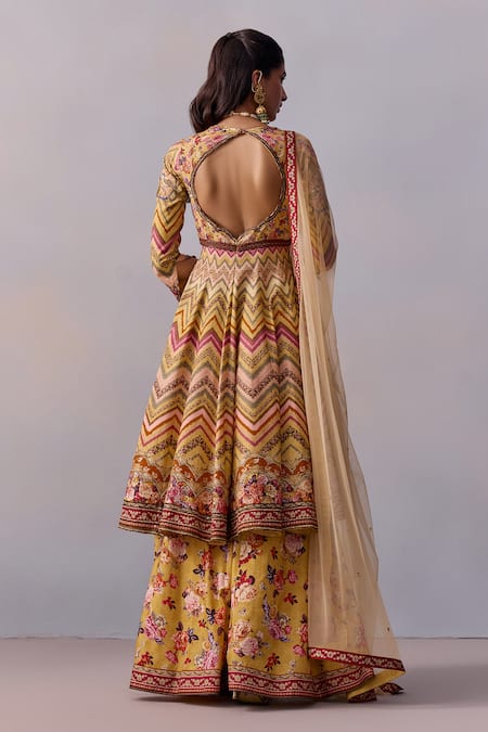 Shop Kalista Multi Color Tulle, Viscose Kushnaz Chevron Rosa Print And Embellished Anarkali Set at Aza Fashions Shop_Kalista_Multi Color Tulle, Viscose Kushnaz Chevron Rosa Print And Embellished Anarkali Set _at_Aza_Fashions