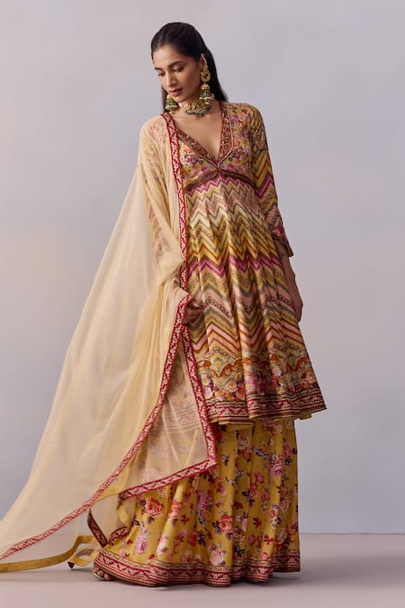 Kalista Multi Color Tulle, Viscose Kushnaz Chevron Rosa Print And Embellished Anarkali Set Online at Aza Fashions Kalista_Multi Color Tulle, Viscose Kushnaz Chevron Rosa Print And Embellished Anarkali Set _Online_at_Aza_Fashions