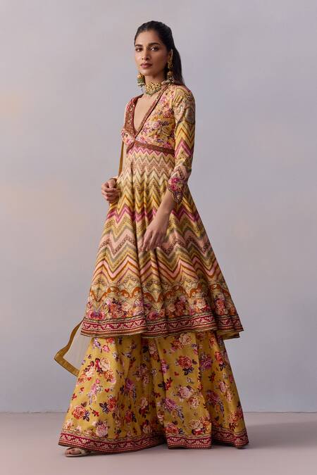 Buy Kalista Multi Color Tulle, Viscose Kushnaz Chevron Rosa Print And Embellished Anarkali Set Online at Aza Fashions Buy_Kalista_Multi Color Tulle, Viscose Kushnaz Chevron Rosa Print And Embellished Anarkali Set _Online_at_Aza_Fashions