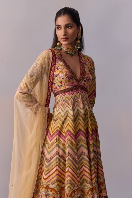 Shop Kalista Multi Color Tulle, Viscose Kushnaz Chevron Rosa Print And Embellished Anarkali Set Online at Aza Fashions Shop_Kalista_Multi Color Tulle, Viscose Kushnaz Chevron Rosa Print And Embellished Anarkali Set _Online_at_Aza_Fashions