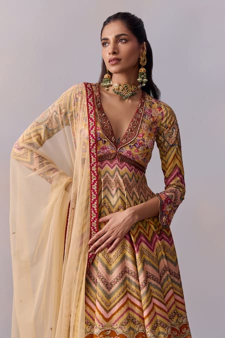 Kalista Multi Color Tulle, Viscose Kushnaz Chevron Rosa Print And Embellished Anarkali Set at Aza Fashions Kalista_Multi Color Tulle, Viscose Kushnaz Chevron Rosa Print And Embellished Anarkali Set _at_Aza_Fashions