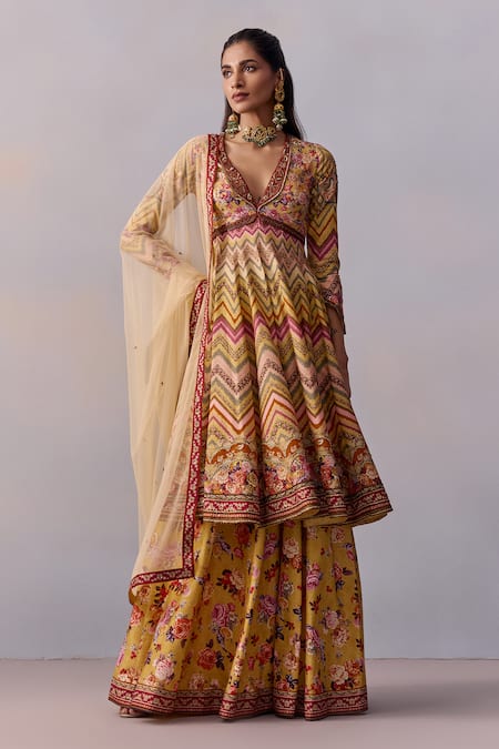 Buy Kalista Multi Color Tulle, Viscose Kushnaz Chevron Rosa Print And Embellished Anarkali Set Buy_Kalista_Multi Color Tulle, Viscose Kushnaz Chevron Rosa Print And Embellished Anarkali Set