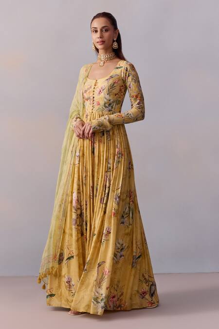 Kalista_Yellow Cotton, Silk, Viscose Embroidery Pavika Bahar Print Anarkali With Dupatta _Online_at_Aza_Fashions