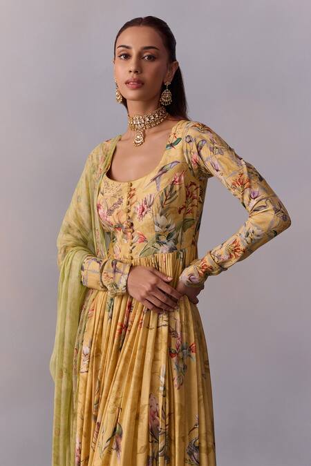 Shop_Kalista_Yellow Cotton, Silk, Viscose Embroidery Pavika Bahar Print Anarkali With Dupatta _Online_at_Aza_Fashions