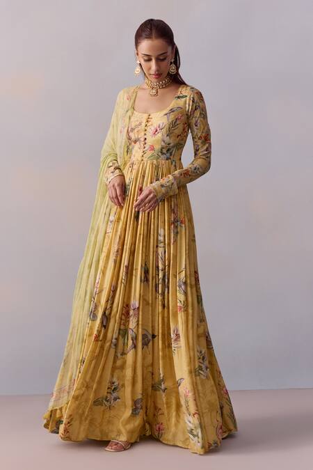 Kalista_Yellow Cotton, Silk, Viscose Embroidery Pavika Bahar Print Anarkali With Dupatta _at_Aza_Fashions