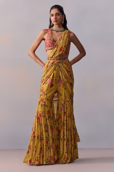 Kalista Yellow Viscose Silk Print Rosette Sabia Pre Draped Gharara Saree With Blouse 