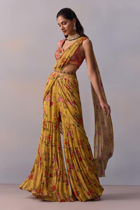 Kalista Sabia Rosette Print Pre Draped Gharara Saree With Blouse 