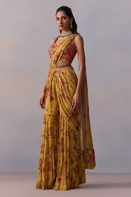 Kalista_Yellow Viscose, Silk Sabia Rosette Print Pre Draped Gharara Saree With Blouse _Online_at_Aza_Fashions