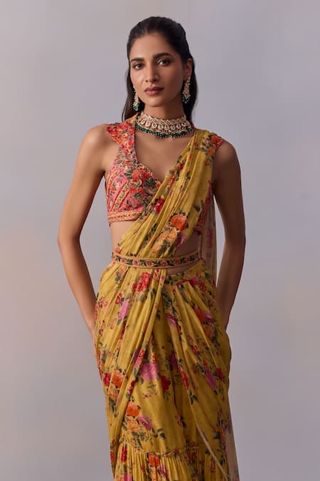 Buy_Kalista_Yellow Viscose, Silk Sabia Rosette Print Pre Draped Gharara Saree With Blouse _Online_at_Aza_Fashions