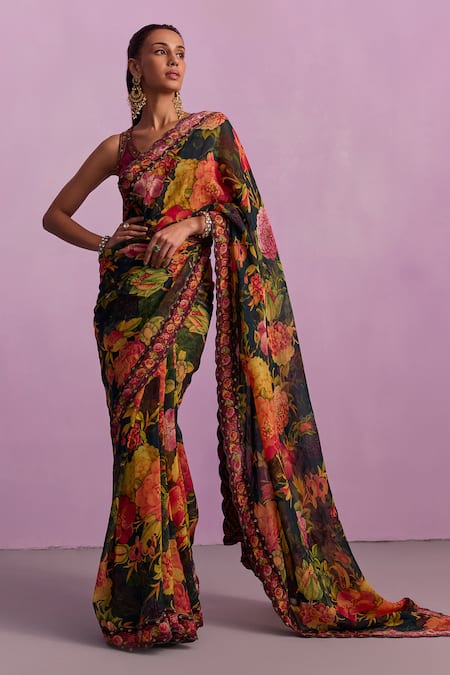 Kalista Ruhie Musk Bloom Print Embellished Pre Draped Saree With Blouse 