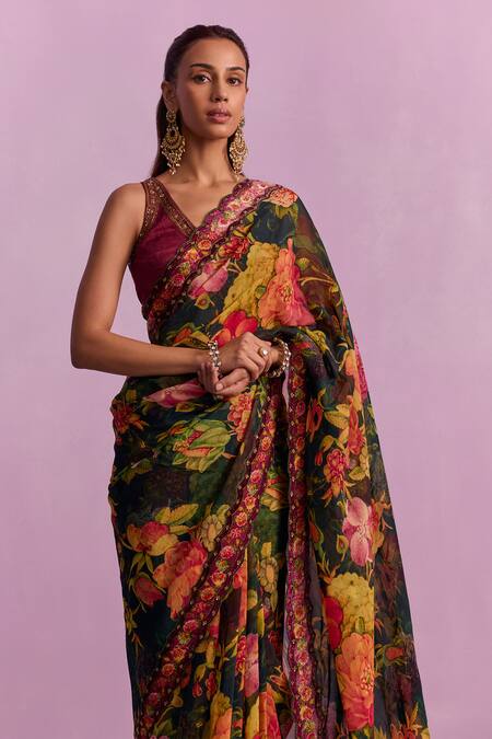 Kalista_Black Organza, Viscose Sequins, Cut Work Musk Bloom Print Saree With Blouse _Online_at_Aza_Fashions