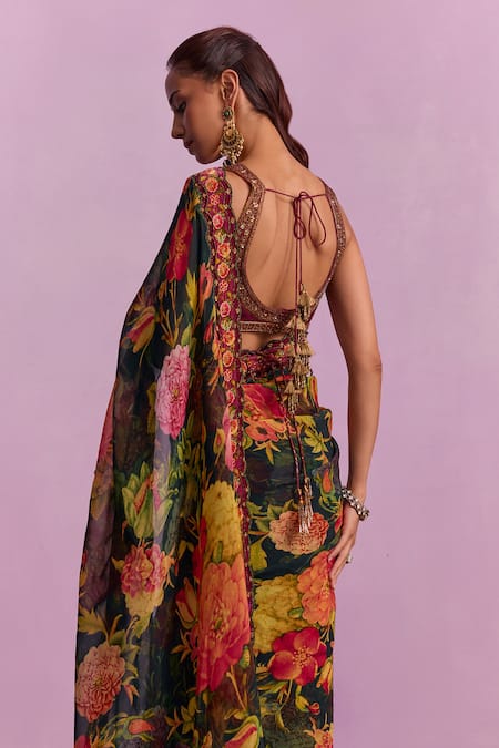 Shop_Kalista_Black Organza, Viscose Sequins, Cut Work Musk Bloom Print Saree With Blouse _Online_at_Aza_Fashions