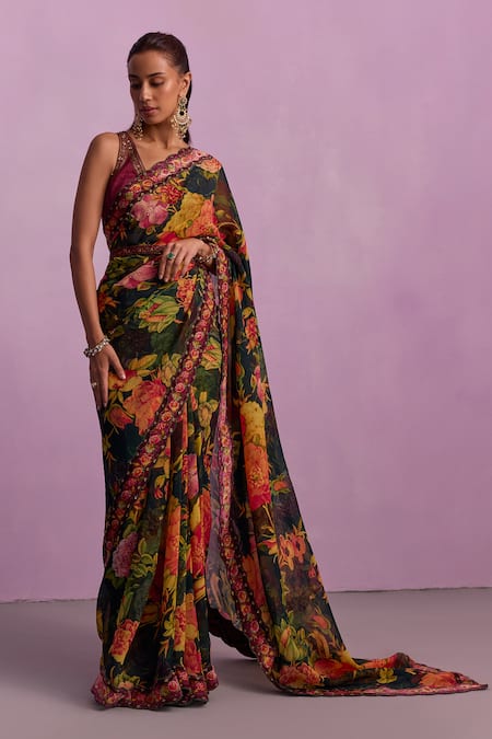 Kalista_Black Organza, Viscose Sequins, Cut Work Musk Bloom Print Saree With Blouse _at_Aza_Fashions