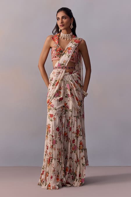 Kalista Ivory Viscose Silk Print Sabia Rosa Garden Pre Draped Gharara Saree With Blouse 