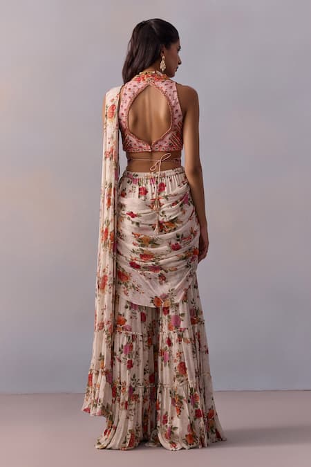 Kalista Sabia Rosa Garden Print Pre Draped Gharara Saree With Blouse