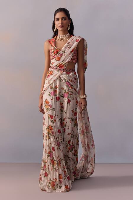 Kalista Ivory Viscose, Silk Sabia Rosa Garden Print Pre Draped Gharara Saree With Blouse Online at Aza Fashions Kalista_Ivory Viscose, Silk Sabia Rosa Garden Print Pre Draped Gharara Saree With Blouse _Online_at_Aza_Fashions