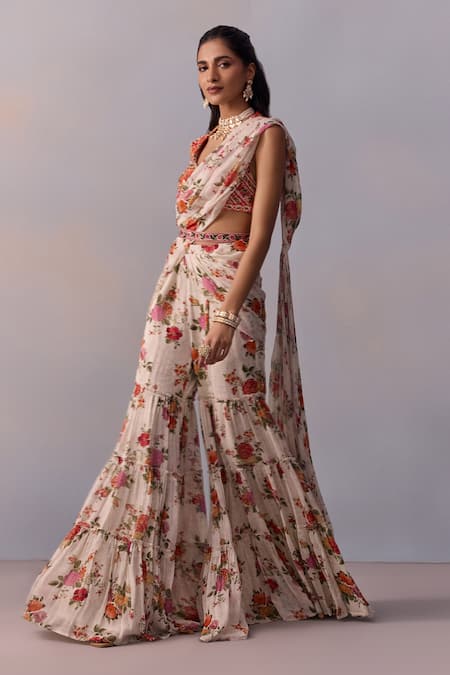 Buy Kalista Ivory Viscose, Silk Sabia Rosa Garden Print Pre Draped Gharara Saree With Blouse Online at Aza Fashions Buy_Kalista_Ivory Viscose, Silk Sabia Rosa Garden Print Pre Draped Gharara Saree With Blouse _Online_at_Aza_Fashions