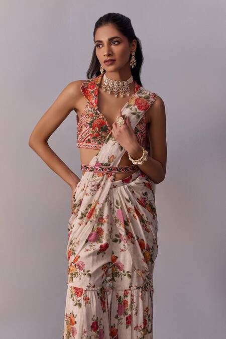 Shop Kalista Ivory Viscose, Silk Sabia Rosa Garden Print Pre Draped Gharara Saree With Blouse Online at Aza Fashions Shop_Kalista_Ivory Viscose, Silk Sabia Rosa Garden Print Pre Draped Gharara Saree With Blouse _Online_at_Aza_Fashions