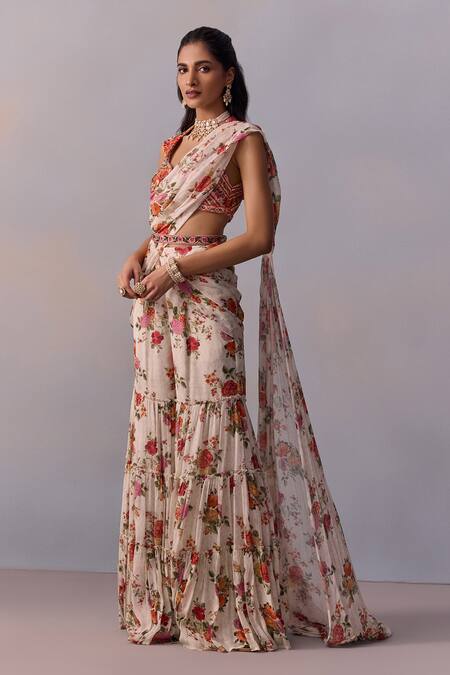 Kalista Ivory Viscose, Silk Sabia Rosa Garden Print Pre Draped Gharara Saree With Blouse at Aza Fashions Kalista_Ivory Viscose, Silk Sabia Rosa Garden Print Pre Draped Gharara Saree With Blouse _at_Aza_Fashions