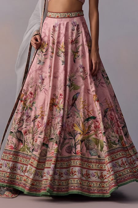 Kalista_Pink Organza, Viscose Neisha Lily Garden Print And Embellished Lehenga Set _Online_at_Aza_Fashions
