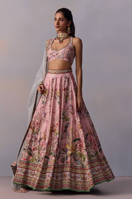 Buy_Kalista_Pink Organza, Viscose Neisha Lily Garden Print And Embellished Lehenga Set _Online_at_Aza_Fashions