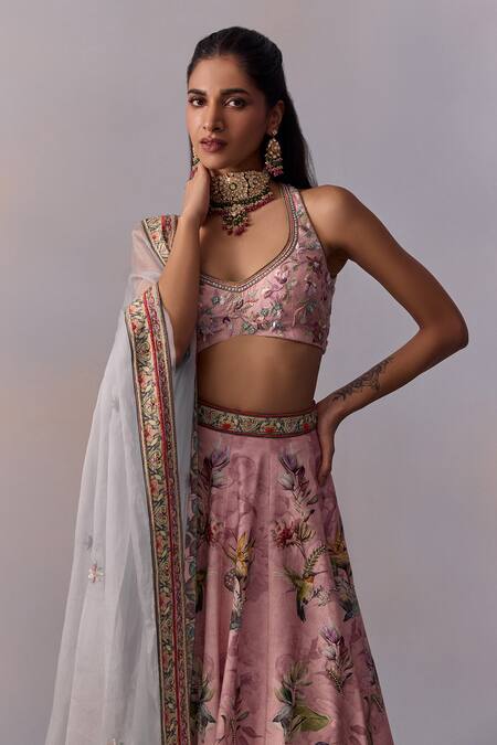 Shop_Kalista_Pink Organza, Viscose Neisha Lily Garden Print And Embellished Lehenga Set _Online_at_Aza_Fashions