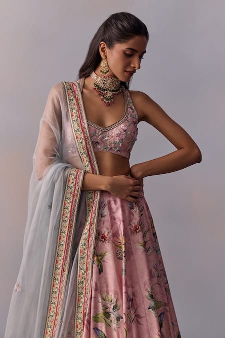 Kalista_Pink Organza, Viscose Neisha Lily Garden Print And Embellished Lehenga Set _at_Aza_Fashions