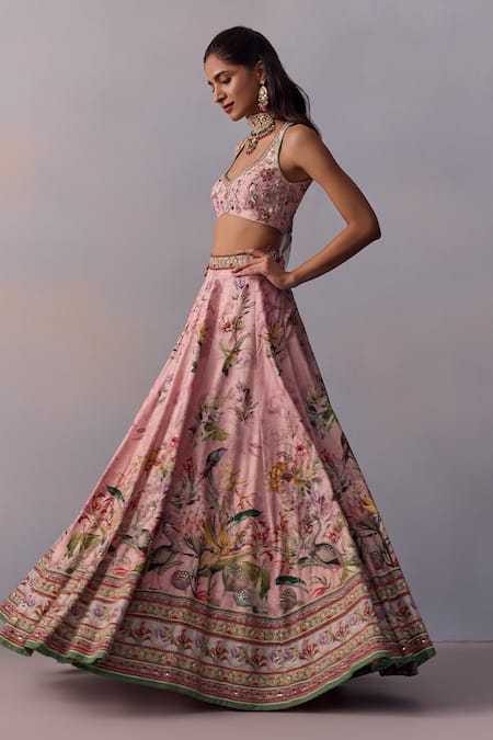 Buy_Kalista_Pink Organza, Viscose Neisha Lily Garden Print And Embellished Lehenga Set 