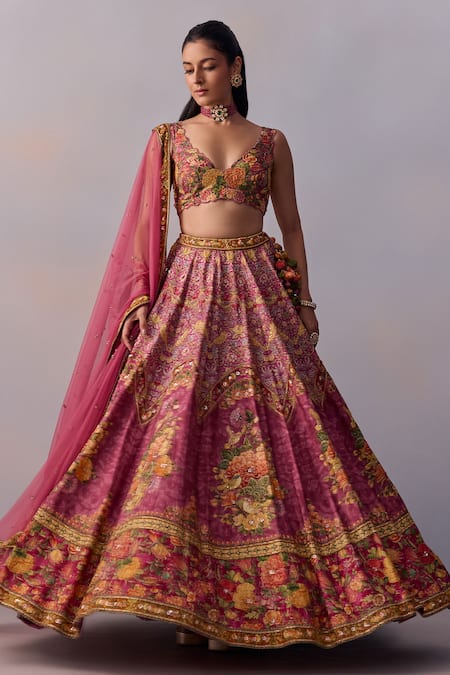 Kalista Pink Viscose, Silk, Tulle Zareen Marigold Bagh Print And Embellished Lehenga Set Online at Aza Fashions Kalista_Pink Viscose, Silk, Tulle Zareen Marigold Bagh Print And Embellished Lehenga Set _Online_at_Aza_Fashions