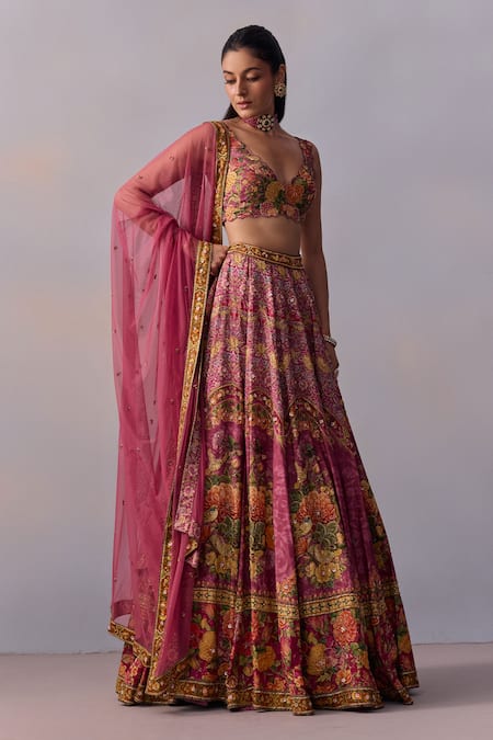 Buy Kalista Pink Viscose, Silk, Tulle Zareen Marigold Bagh Print And Embellished Lehenga Set Online at Aza Fashions Buy_Kalista_Pink Viscose, Silk, Tulle Zareen Marigold Bagh Print And Embellished Lehenga Set _Online_at_Aza_Fashions