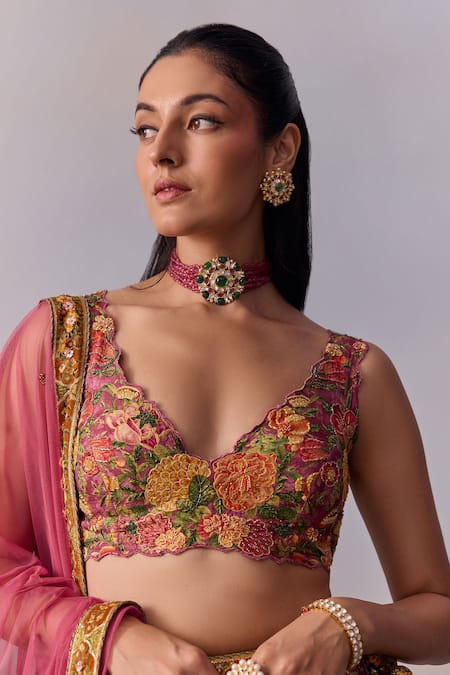 Shop Kalista Pink Viscose, Silk, Tulle Zareen Marigold Bagh Print And Embellished Lehenga Set Online at Aza Fashions Shop_Kalista_Pink Viscose, Silk, Tulle Zareen Marigold Bagh Print And Embellished Lehenga Set _Online_at_Aza_Fashions
