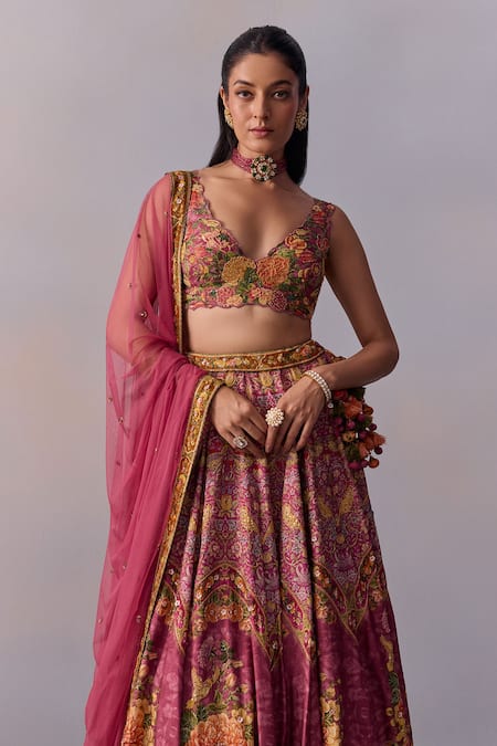 Kalista Pink Viscose, Silk, Tulle Zareen Marigold Bagh Print And Embellished Lehenga Set at Aza Fashions Kalista_Pink Viscose, Silk, Tulle Zareen Marigold Bagh Print And Embellished Lehenga Set _at_Aza_Fashions