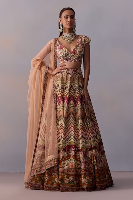 Kalista Pink Viscose Silk Print Gulaab Chevron V Pavika And Embellished Lehenga Set 