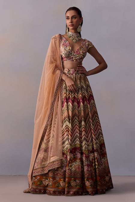 Kalista_Pink Tulle, Viscose, Silk Pavika Gulaab Chevron Print And Embellished Lehenga Set _Online_at_Aza_Fashions