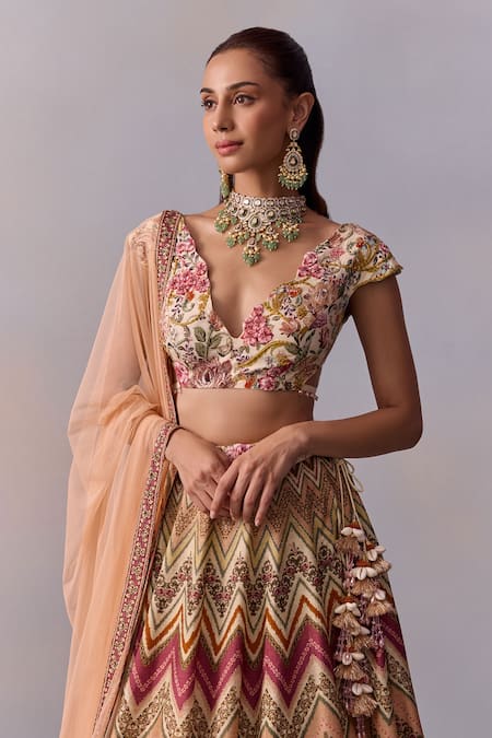Shop_Kalista_Pink Tulle, Viscose, Silk Pavika Gulaab Chevron Print And Embellished Lehenga Set _Online_at_Aza_Fashions
