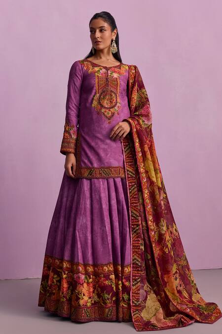 Kalista_Purple Viscose, Organza Beads, Sehnaaz Gulshan Print And Embellished Lehenga Set _Online_at_Aza_Fashions