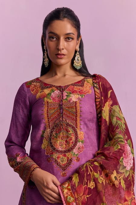 Buy_Kalista_Purple Viscose, Organza Beads, Sehnaaz Gulshan Print And Embellished Lehenga Set _Online_at_Aza_Fashions